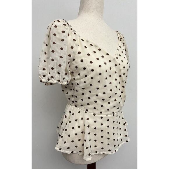 Blu pepper Chocolate Brown Polka Dot Peplum Top Women’s Sz M Semi-Sheer Sleeves - Picture 3 of 8